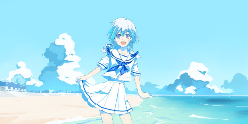 :d alternate_costume beach braid cloud day grey_eyes izayoi_sakuya ocean open_mouth school_uniform shishamo@ shore short_hair silver_hair skirt_hold smile solo touhou twin_braids