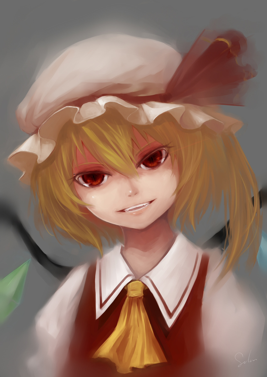 absurdres ascot bad_id bad_pixiv_id blonde_hair close-up fang flandre_scarlet hat hat_ribbon head_tilt highres open_mouth red_eyes ribbon short_hair signature simple_background slit_pupils smile sola7764 solo touhou upper_body wings