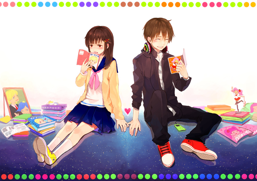 1boy 1girl blush book brown_hair couple digital_media_player eyes_closed female figure gakuran hair_ornament hairclip headphones heart ipod long_hair male open_mouth original pillow red_eyes school_uniform shoes short_hair sitting skirt smile sneakers sono