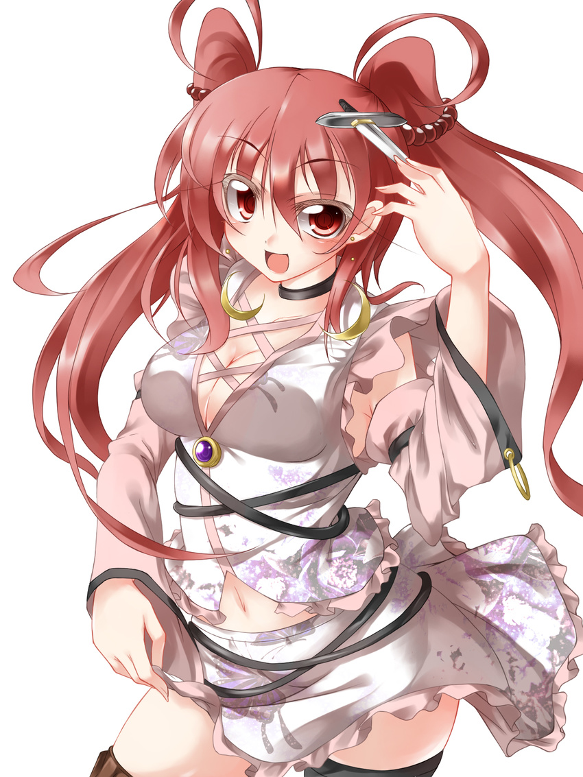 breasts cleavage cleavage_cutout fuyuno_taka highres knife medium_breasts original skirt solo thighhighs