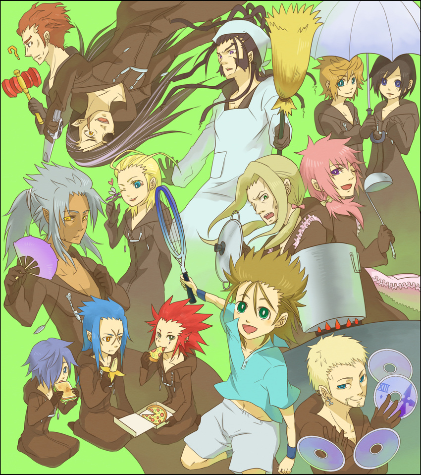 6+boys ? akizuno apron axel_(kingdom_hearts) bad_id bad_pixiv_id banana beard black_coat_(kingdom_hearts) black_hair blonde_hair blue_eyes blue_hair broom brown_hair bug cd cloak dark_skin demyx earrings eating eyepatch facial_hair facial_mark fan food fruit gloves green_eyes grey_hair gun hair_over_one_eye hammer highres jewelry kingdom_hearts kingdom_hearts_358/2_days ladle larxene lexaeus long_hair luxord marluxia midriff multiple_boys multiple_girls one_eye_closed organization_xiii piko_piko_hammer pink_hair pizza pointy_ears ponytail pot purple_eyes purple_hair racket red_hair roxas saix sandwich scar short_hair silver_hair simple_background sweat tennis_racket toy umbrella vexen weapon wristband xaldin xemnas xigbar xion_(kingdom_hearts) yellow_eyes zexion