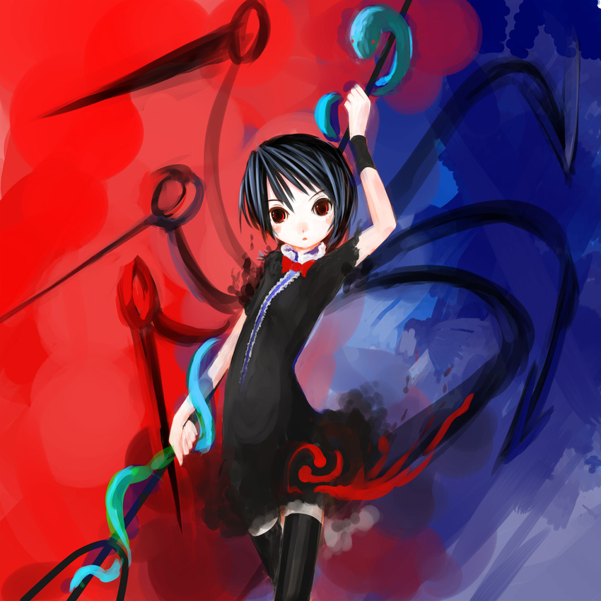 :o asymmetrical_wings black_hair black_legwear dress highres houjuu_nue open_mouth polearm red_eyes sakana_(packetsjp) short_hair snake solo thighhighs touhou trident weapon wings zettai_ryouiki