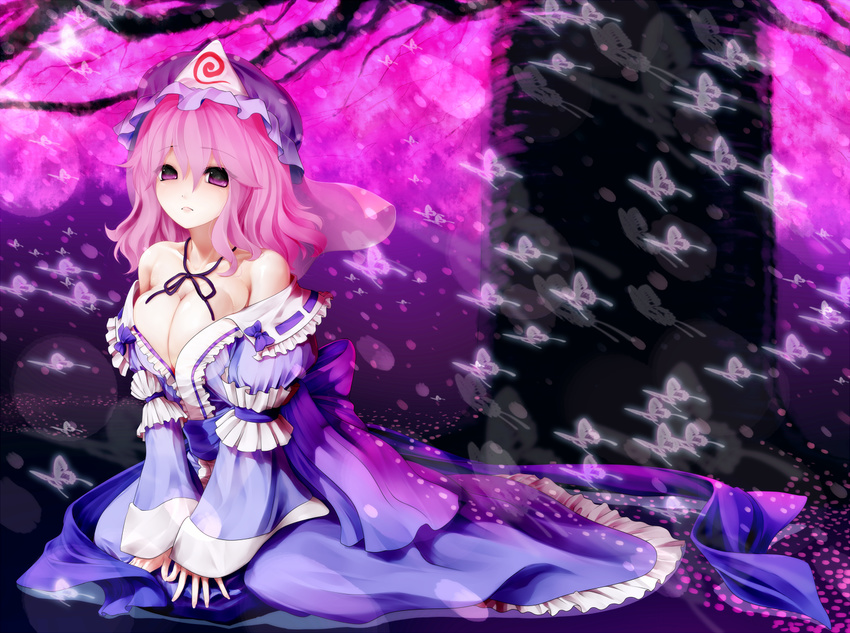 akira_b bad_id bad_pixiv_id bare_shoulders breasts bug butterfly cherry_blossoms choker cleavage hat insect medium_breasts mizusaki_(tengoku) pink_eyes pink_hair saigyouji_yuyuko short_hair sitting solo touhou wariza