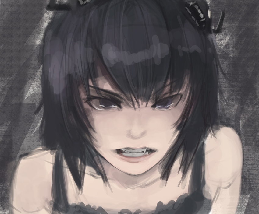 angry bare_shoulders black_hair camisole clenched_teeth collarbone creature darkness face highres original riftgarret short_hair solo teeth yami_shoujo