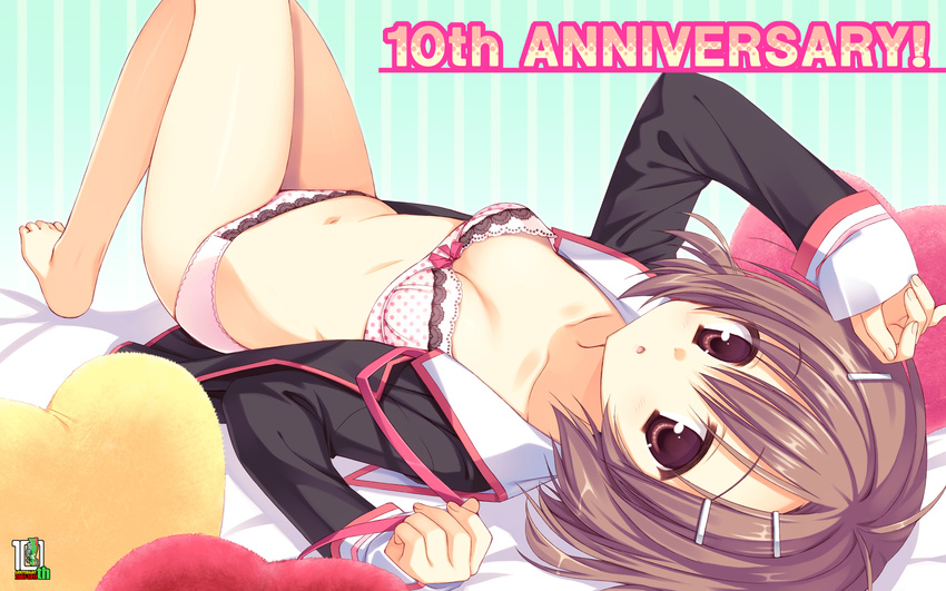 bare_legs barefoot bow bow_bra bra breasts brown_eyes brown_hair cleavage hair_ornament hairclip hattori_aya highres koiiro_soramoyou lace lace-trimmed_bra lace-trimmed_panties lingerie lying medium_breasts muririn navel on_back open_clothes open_shirt panties pink_bra pink_panties polka_dot polka_dot_bra polka_dot_panties ribbon school_uniform shirt short_hair sleeves_past_wrists solo underwear wallpaper