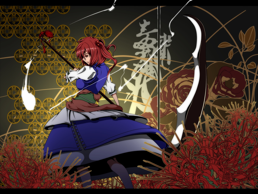 alternate_weapon coin flower hair_tie highres onozuka_komachi pose potato_pot red_eyes red_hair scythe solo spider_lily tassel touhou two_side_up weapon