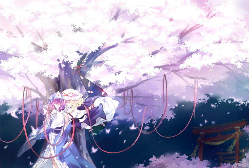 baocaiwangfei blonde_hair cherry_blossoms dress eyes gap ghost hat japanese_clothes long_hair multiple_girls night obi petals pink_hair red_string ribbon rope saigyouji_yuyuko sash shimenawa short_hair smile string torii touhou triangular_headpiece yakumo_yukari yuri