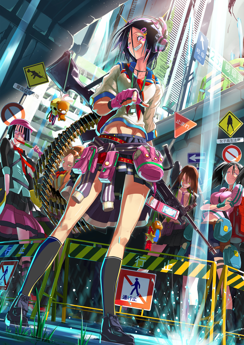 absurdres ammunition bag bear black_hair blazer blush breasts brown_hair clothes_around_waist eating fingerless_gloves food from_below glasses gloves grin gun hair_ornament hairclip headphones highres jacket jacket_around_waist keychain long_hair machine_gun makokujira medium_breasts mouth_hold multiple_girls necktie one_eye_closed original pointing popsicle pouch school_uniform serafuku short_hair sign smile splashing star toy water weapon