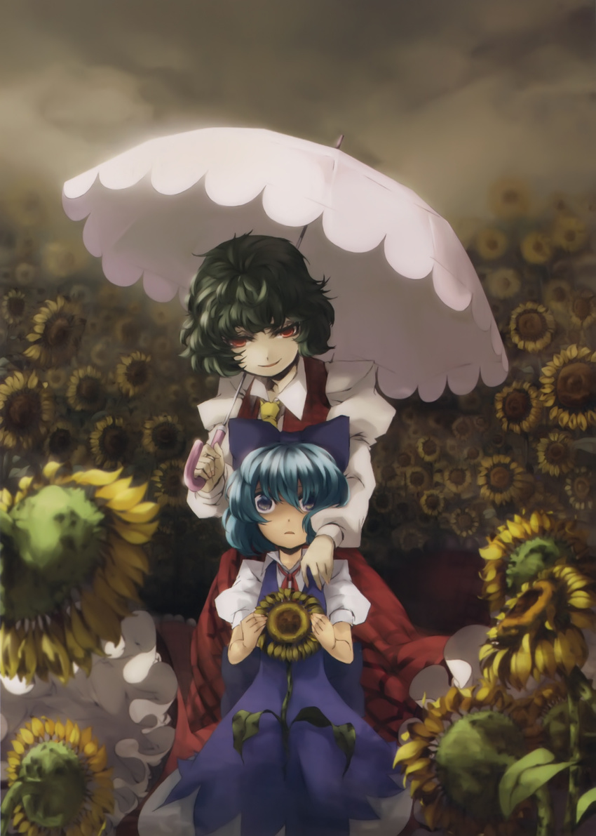 absurdres artist_request ascot blue_eyes blue_hair bow child cirno dress flower green_hair hair_bow height_difference highres holding holding_flower kazami_yuuka multiple_girls pale_skin parasol plaid plaid_skirt plaid_vest puffy_sleeves red_eyes ribbon scared short_hair skirt skirt_set smile source_request sunflower touhou umbrella vest