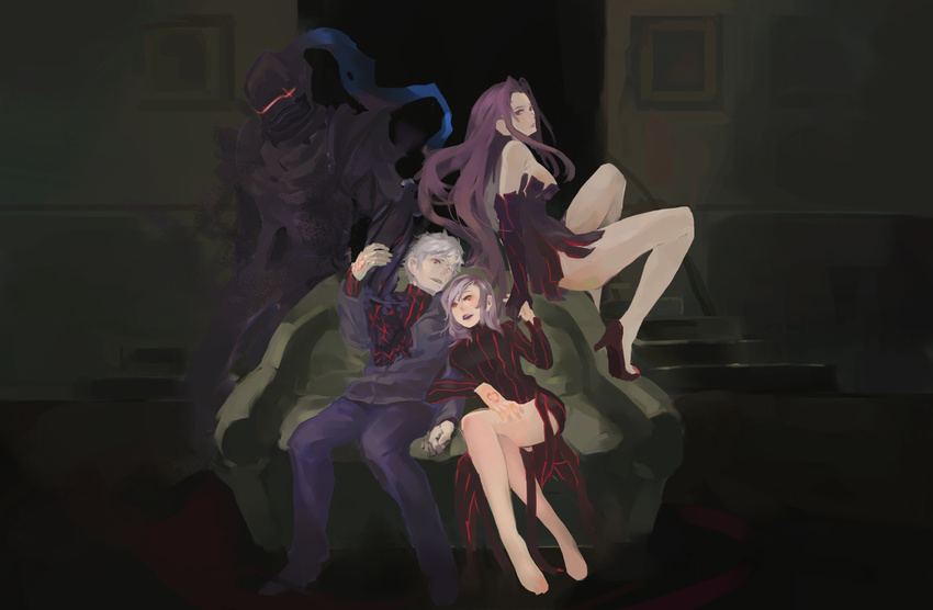 2girls armor barefoot berserker_(fate/zero) breasts command_spell dark_persona dark_sakura dress fate/stay_night fate/zero fate_(series) greyunlimit hair_ribbon high_heels highres jacket large_breasts legs long_hair long_legs matou_kariya matou_sakura multiple_boys multiple_girls purple_hair ribbon rider shoes short_hair very_long_hair white_hair