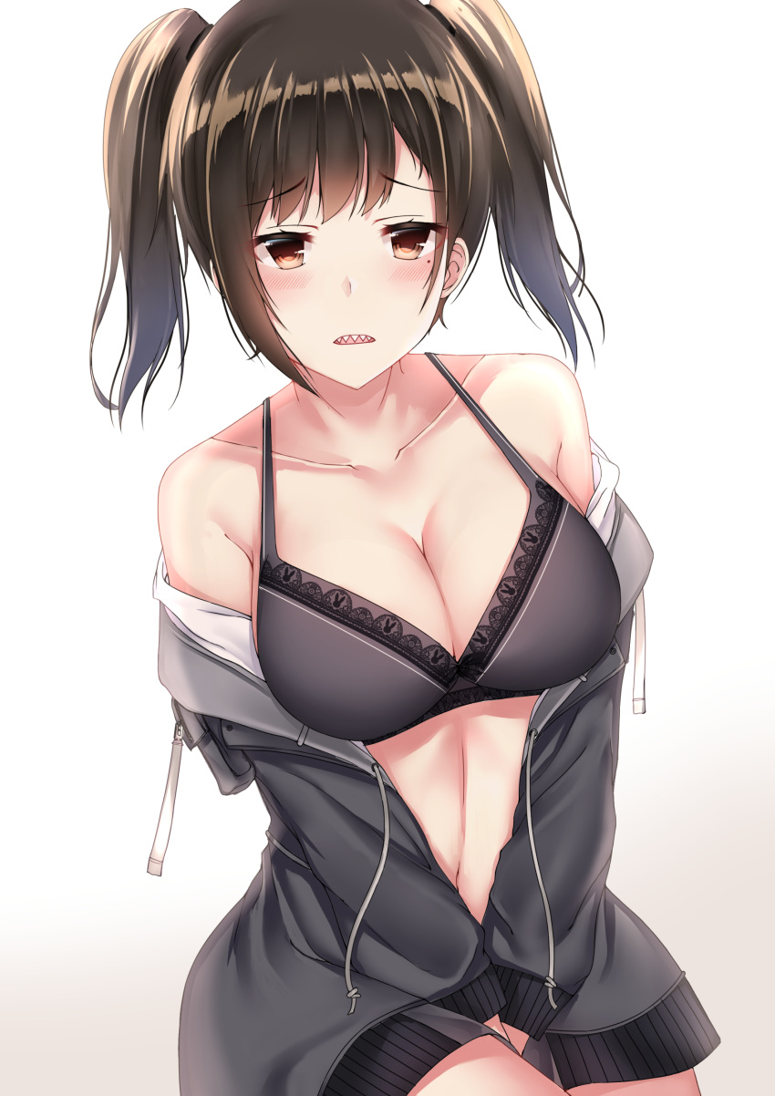 1girl absurdres bangs bare_shoulders between_legs between_thighs black_hair black_jacket blush bra breasts brown_eyes cleavage collarbone drawstring eyebrows_visible_through_hair hand_between_legs highres idolmaster idolmaster_cinderella_girls jacket lace lace-trimmed_bra large_breasts looking_at_viewer medium_hair mole mole_under_eye navel off_shoulder open_clothes open_jacket parted_lips qqq sharp_teeth shiny shiny_hair sideboob sidelocks simple_background sunazuka_akira tachi-e teeth thighs twintails underwear unzipped v_arms white_background