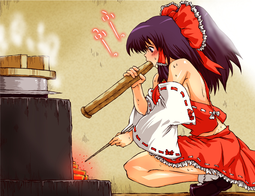 bare_shoulders blowing breasts detached_sleeves fire hair_ornament hair_ribbon hair_tubes hakurei_reimu hot japanese_clothes legs medium_breasts n_(dai_n_honpo) no_bra purple_hair ribbon sexually_suggestive shoes sideboob skirt solo squatting stove sweat touhou