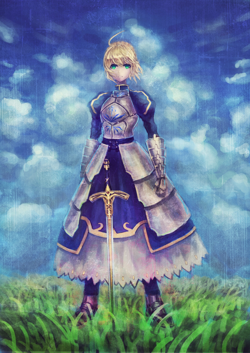 absurdres ahoge armor armored_dress artoria_pendragon_(all) bad_id bad_pixiv_id blonde_hair caliburn cloud day dress fate/stay_night fate_(series) faulds field gauntlets green_eyes hair_ribbon highres qin ribbon saber sky solo standing sword weapon