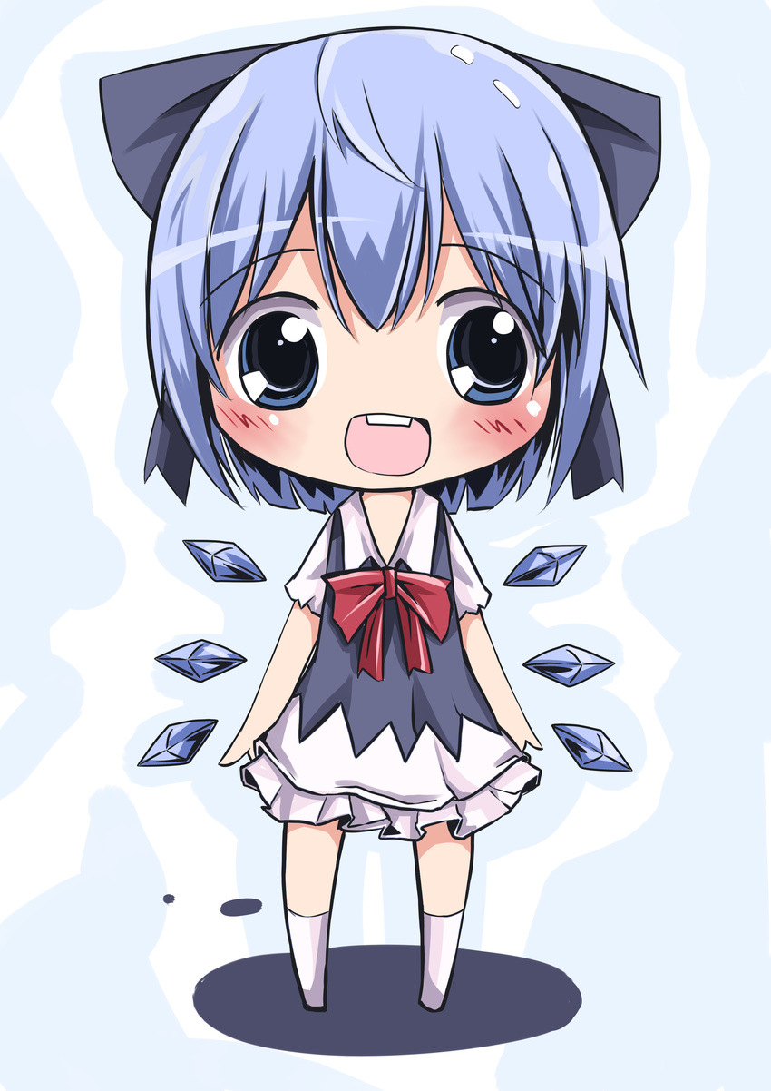 absurdres bad_id bad_pixiv_id blue_eyes blue_hair blue_skirt blush chibi cirno hair_ribbon highres open_mouth ribbon sakuraba_hikaru_(loveindog) skirt smile solo standing touhou wings