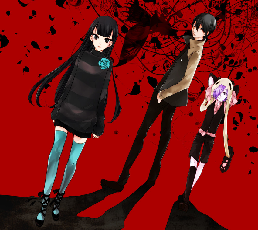 2boys android bad_id bad_pixiv_id black_hair hair_over_one_eye highres inga jacket long_hair multiple_boys panda_hat purple_eyes purple_hair sasa_kazamori shirt short_hair striped striped_shirt thighhighs un-go walking yuuki_shinjuurou