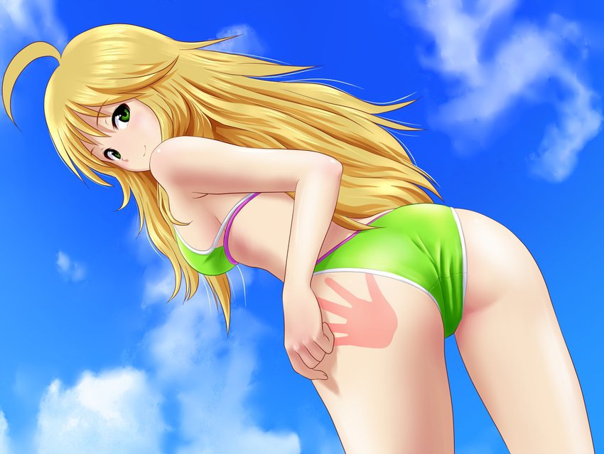 ahoge ass bikini blonde_hair blush cloud day green_bikini green_eyes hand_print hoshii_miki idolmaster idolmaster_(classic) long_hair looking_at_viewer looking_back ponnetsu sky slap_mark smile solo spanked swimsuit