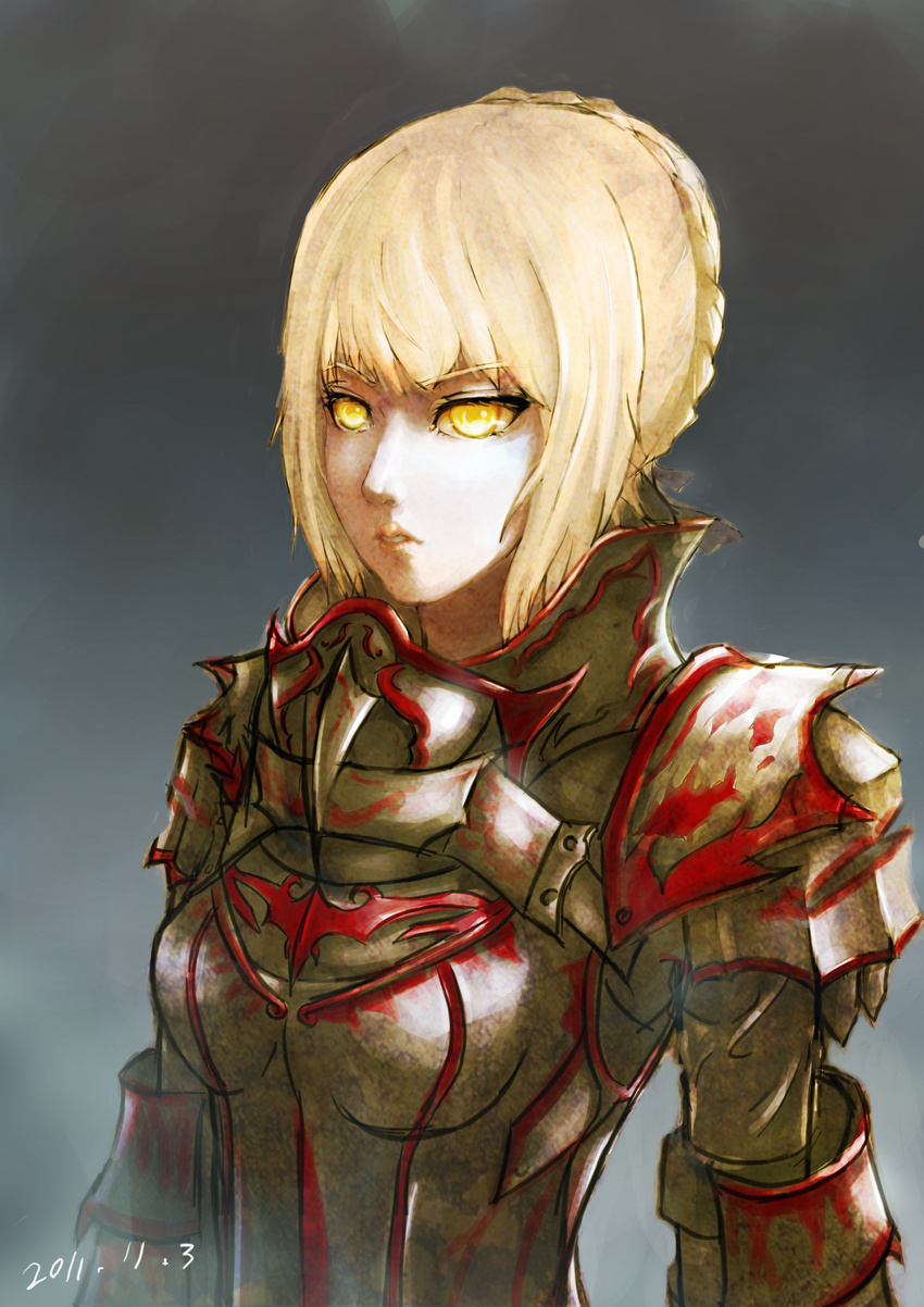 absurdres armor armored_dress artoria_pendragon_(all) blonde_hair dress fate/stay_night fate_(series) glowing glowing_eyes highres huanghongqiang saber_alter solo yellow_eyes