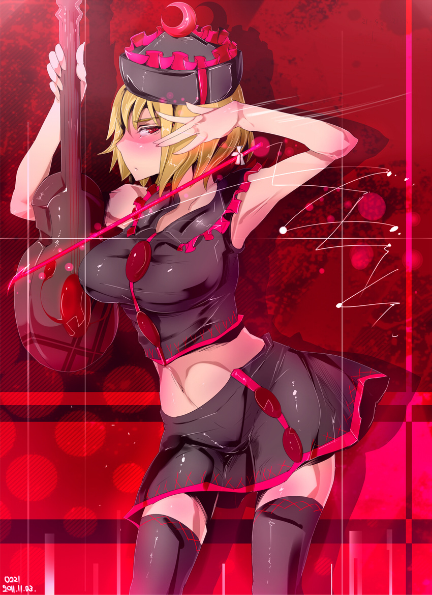 adapted_costume armpits black_legwear blonde_hair blush breasts crescent crop_top frills hat highres instrument large_breasts lunasa_prismriver midriff miniskirt navel nyuu_(manekin-eko) red_eyes short_hair skirt sleeveless solo thighhighs touhou violin zettai_ryouiki