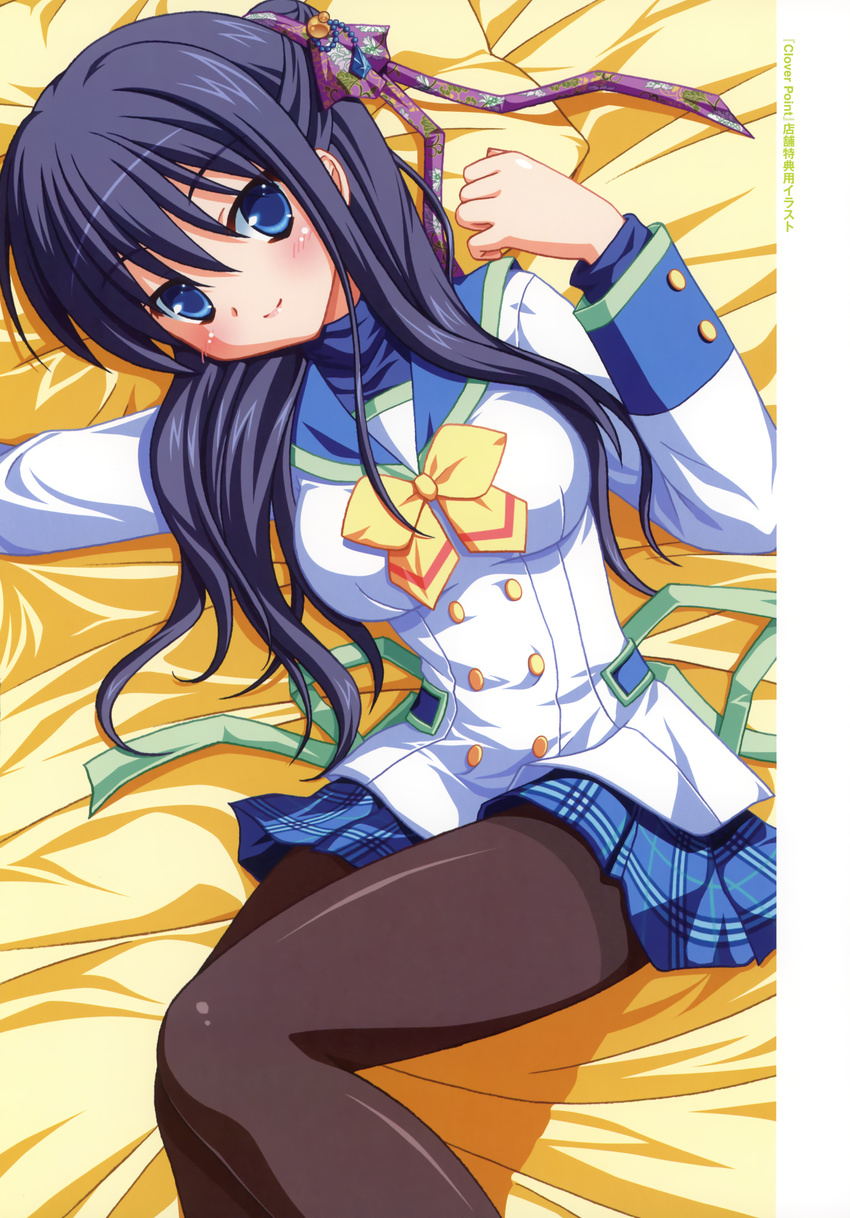 1girl absurdres bed black_hair black_legwear blue_dress blue_eyes blue_skirt clover_point dress hair_ornament hairpin highres kashiwagi_tsukine long_hair lying pantyhose plaid plaid_skirt school_uniform skirt smile solo yellow_background yuyi