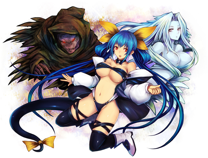 :o bare_shoulders blue_hair boots bow breasts cleavage dizzy guilty_gear hair_bow kara_(color) large_breasts long_hair navel necro_(guilty_gear) open_mouth red_eyes tail thighhighs undine_(guilty_gear) very_long_hair
