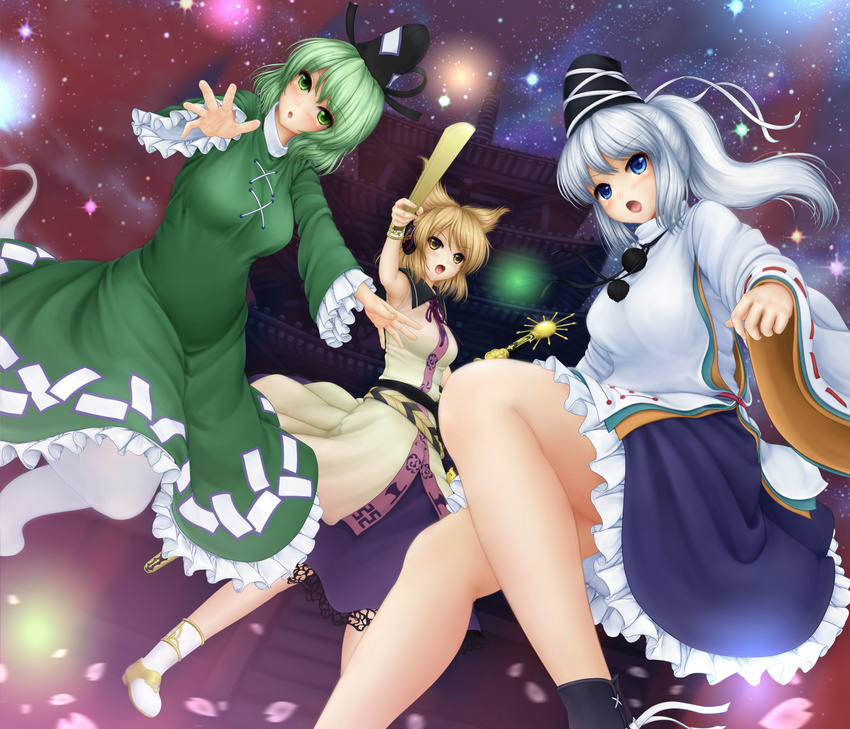 :o bare_legs black_legwear blue_eyes blush bracelet breasts brown_eyes brown_hair dress ghost_tail green_dress green_eyes green_hair hat highres japanese_clothes jewelry kariginu long_sleeves medium_breasts miyakouji mononobe_no_futo multiple_girls multiple_tails night open_mouth outstretched_hand petals ponytail ritual_baton shirt short_hair silver_hair skirt sky sleeveless sleeveless_shirt soga_no_tojiko star_(sky) starry_sky tail tate_eboshi temple touhou toyosatomimi_no_miko wide_sleeves