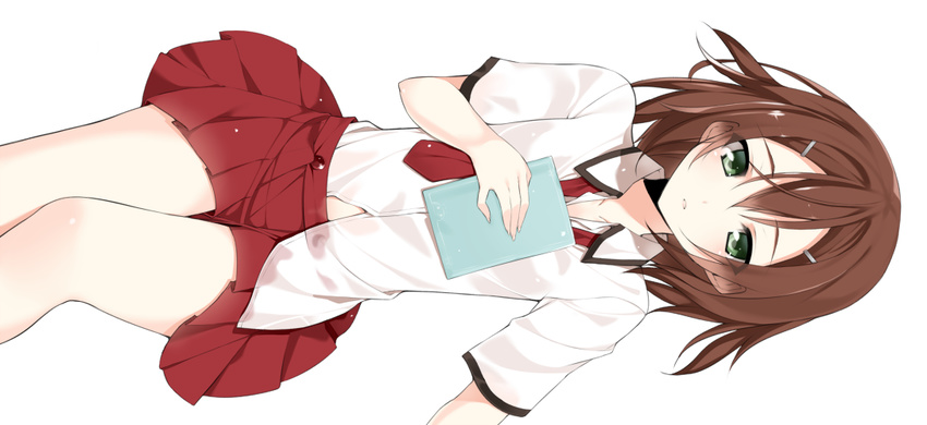 bad_id bad_pixiv_id baka_to_test_to_shoukanjuu brown_hair crossdressing green_eyes hair_ornament hairclip kinoshita_hideyoshi looking_at_viewer male_focus otoko_no_ko school_uniform short_hair sideways simple_background skirt soburi solo