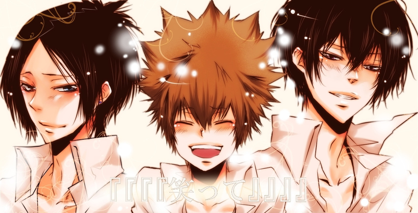 bad_id bad_pixiv_id brown_hair closed_eyes hibari_kyouya katekyo_hitman_reborn! male_focus multiple_boys rokudou_mukuro sawada_tsunayoshi sayo_(mutuha) smile