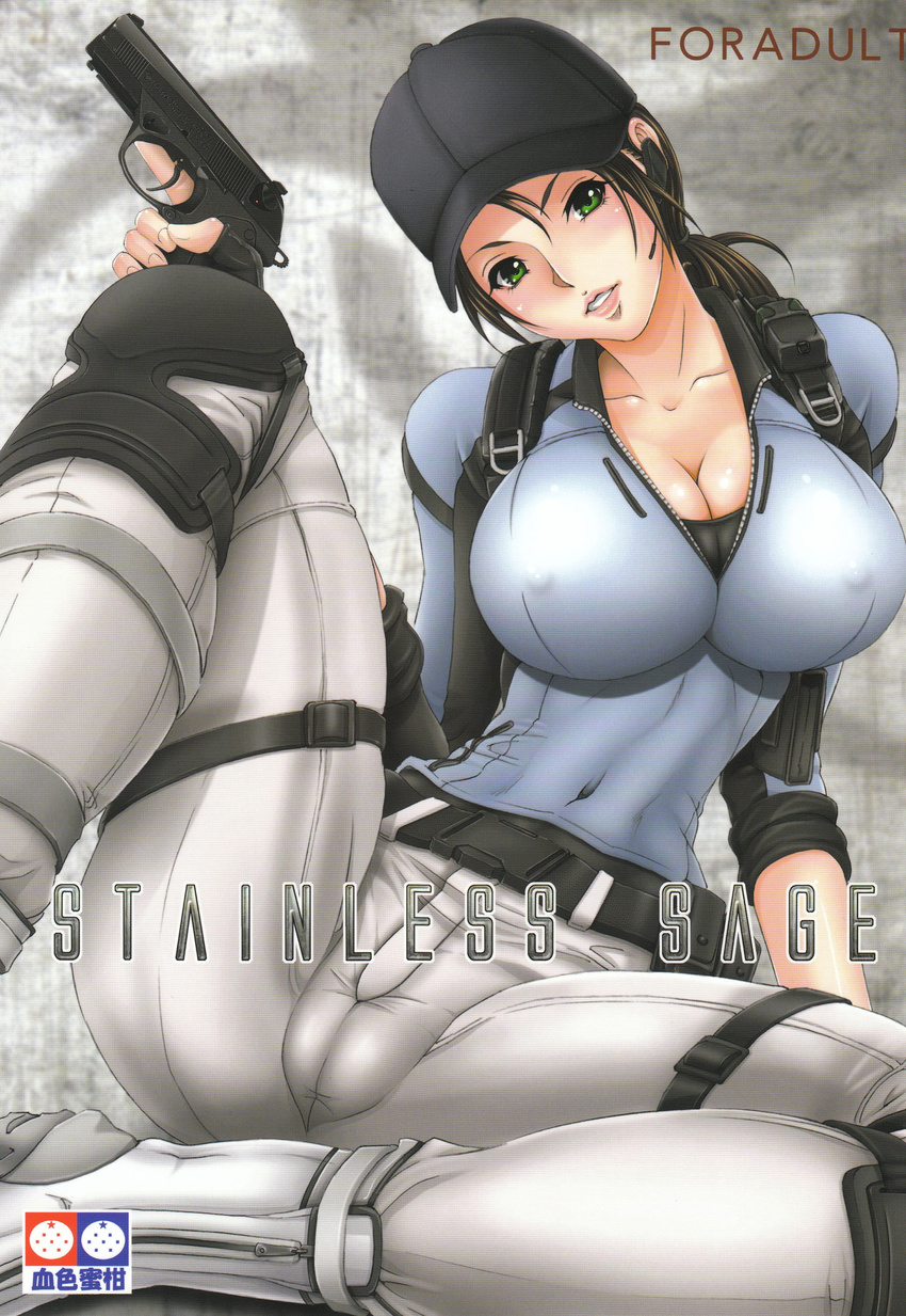 absurdres belt beretta_px4 blush breasts brown_hair cameltoe cleavage covered_nipples gun handgun hat highres huge_breasts impossible_clothes jill_valentine kesshoku_mikan knee_pads lips long_hair looking_at_viewer pants pistol ponytail resident_evil resident_evil_5 sitting solo spread_legs text_focus unzipped weapon