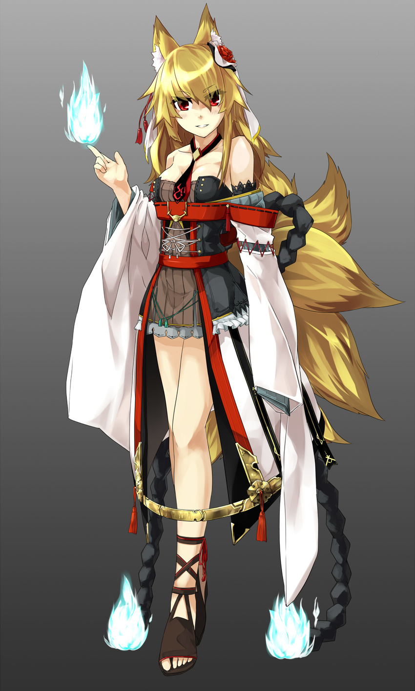 animal_ears bare_legs bare_shoulders blonde_hair blue_fire collarbone fire flame fox_ears fox_tail hair_ornament highres long_hair looking_at_viewer multiple_tails necktie open_mouth original pyrokinesis red_eyes sandals smile solo tail takanashi_kei_(hitsujikan)