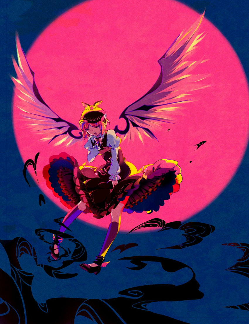 animal_ears bad_id bad_pixiv_id brown_dress closed_eyes darkness dress floating flying frills full_moon hand_on_own_chest hat high_heels highres kneehighs moon moonlight music mystia_lorelei night open_mouth petticoat pink_hair red_moon shoes short_hair singing solo thighhighs touhou winged_shoes wings yuura