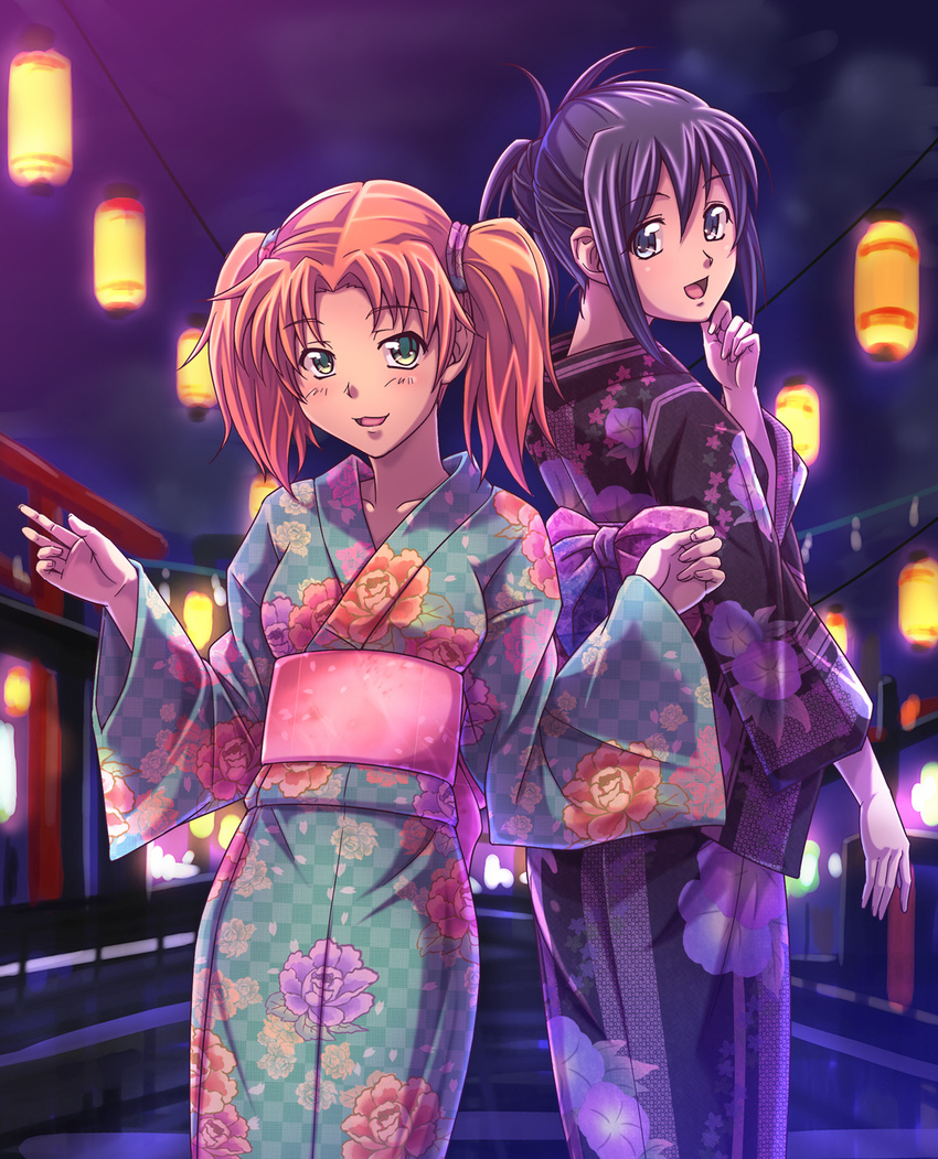 2girls black_hair blue_eyes brown_hair e20 festival floral_print green_eyes highres japanese_clothes kimono multiple_girls nakano_minori original torii_haruka twintails