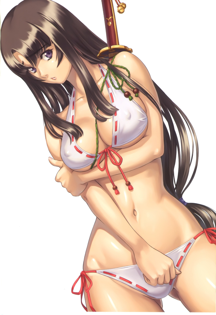 absurdres bikini black_hair blush breast_hold breasts covered_nipples crossed_arms eiwa embarrassed front-tie_top highres hip_bones holding_arm large_breasts long_hair navel purple_eyes queen's_blade ribbon-trimmed_swimsuit ribbon_trim shiny shiny_skin side-tie_bikini skindentation string_bikini swimsuit sword tomoe underboob weapon