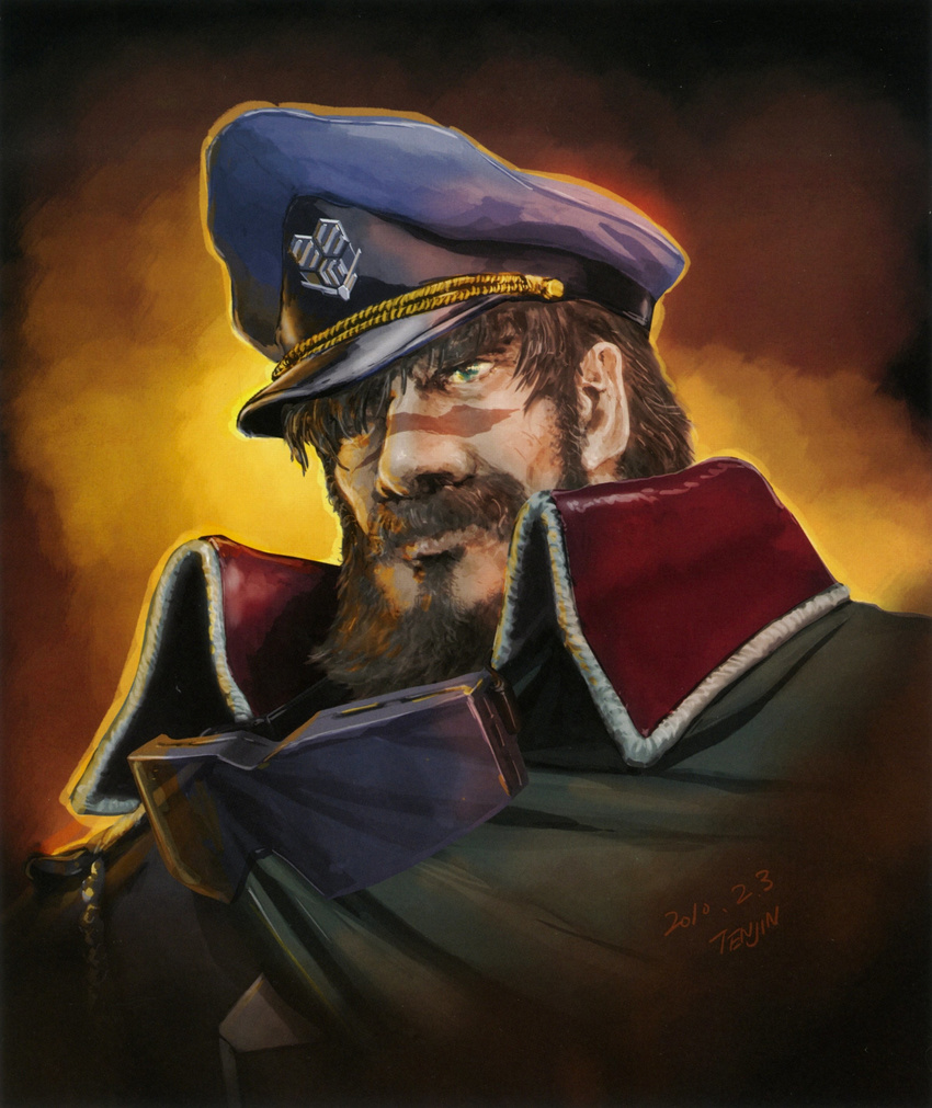 absurdres beard brown_hair cape facial_hair green_eyes hat highres jeffrey_wilder macross macross_frontier male_focus manly military military_uniform non-web_source officer official_art realistic s.m.s. safety_glasses scan scar science_fiction solo sunglasses tenjin_hidetaka uniform