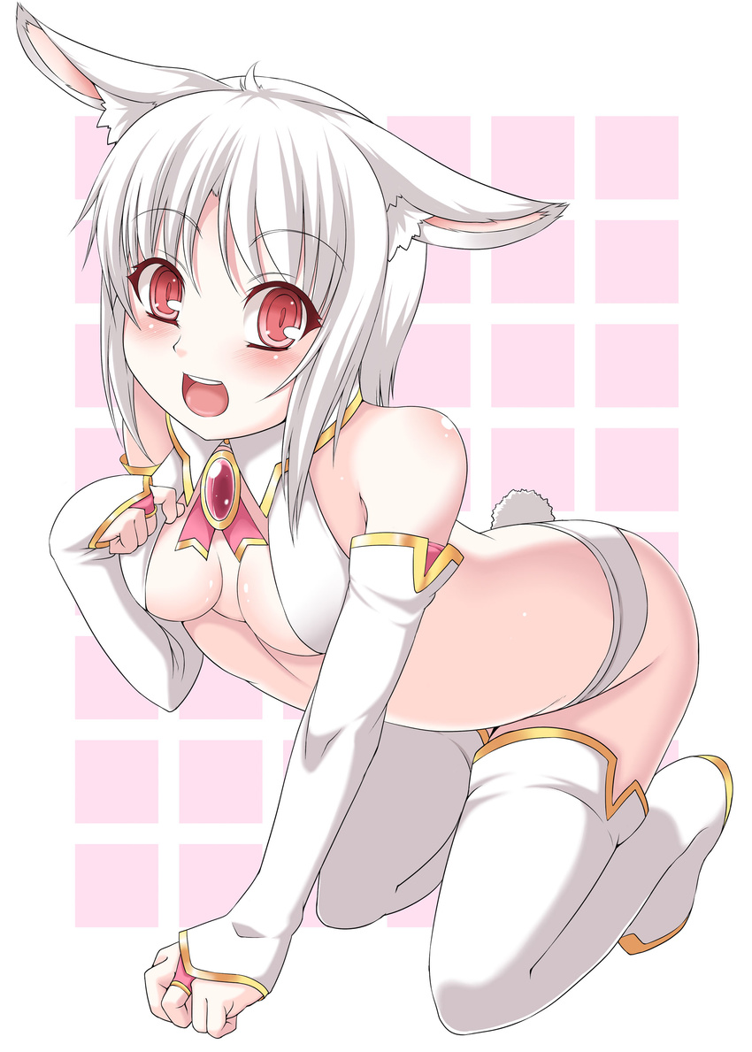 absurdres all_fours animal_ears boots breasts bunny_ears bunny_tail cleavage detached_sleeves highres original panties red_eyes short_hair small_breasts solo tail takayuki_hiyori thigh_boots thighhighs underwear white_hair