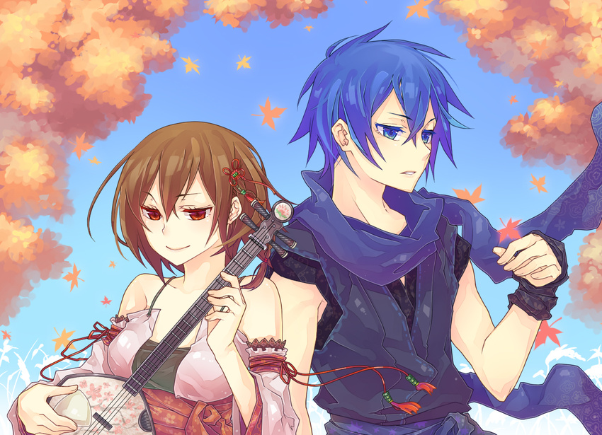 1girl autumn_leaves bangs bare_shoulders biwa_lute blue_eyes blue_hair blue_scarf blue_sky braid breasts closed_mouth commentary curryuku day detached_sleeves eyebrows_visible_through_hair floral_print hair_between_eyes hair_ornament instrument japanese_clothes kaito leaf looking_away lute_(instrument) maple_leaf medium_breasts meiko music outdoors parted_lips playing_instrument scarf side_braid single_braid sky sleeveless smile tassel tsugai_kogarashi_(vocaloid) upper_body vocaloid wind