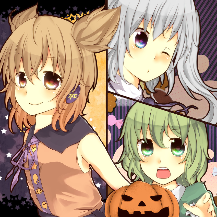 bad_id bad_pixiv_id blue_eyes brown_eyes brown_hair bun_no_ji earmuffs green_eyes green_hair halloween mononobe_no_futo multiple_girls one_eye_closed pumpkin silver_hair soga_no_tojiko touhou toyosatomimi_no_miko