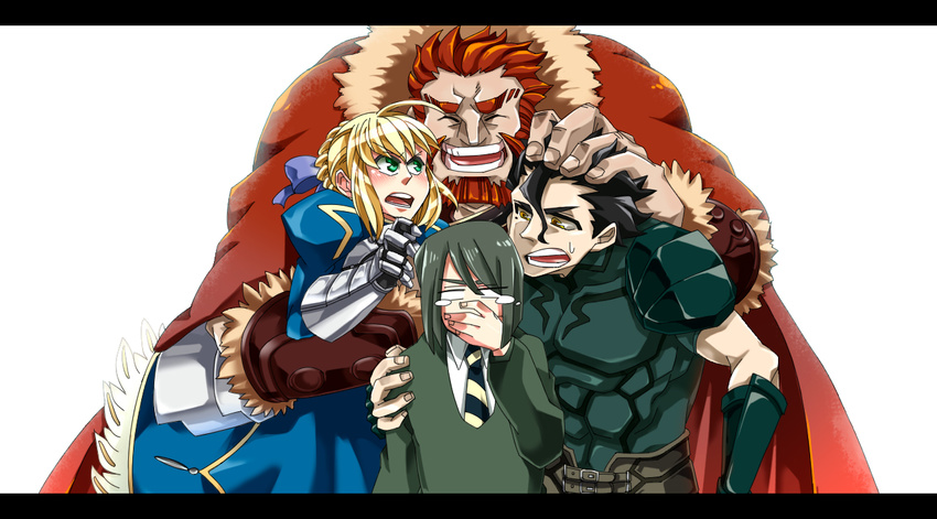 3boys ahoge armor artoria_pendragon_(all) beard black_hair blonde_hair cape closed_eyes covering_mouth dress empty_eyes facial_hair fate/stay_night fate/zero fate_(series) gauntlets green_eyes grin group_hug hand_on_head hug lancer_(fate/zero) letterboxed metro_(yoto) mole mole_under_eye multiple_boys open_mouth red_hair rider_(fate/zero) saber smile sweat tears waver_velvet yellow_eyes