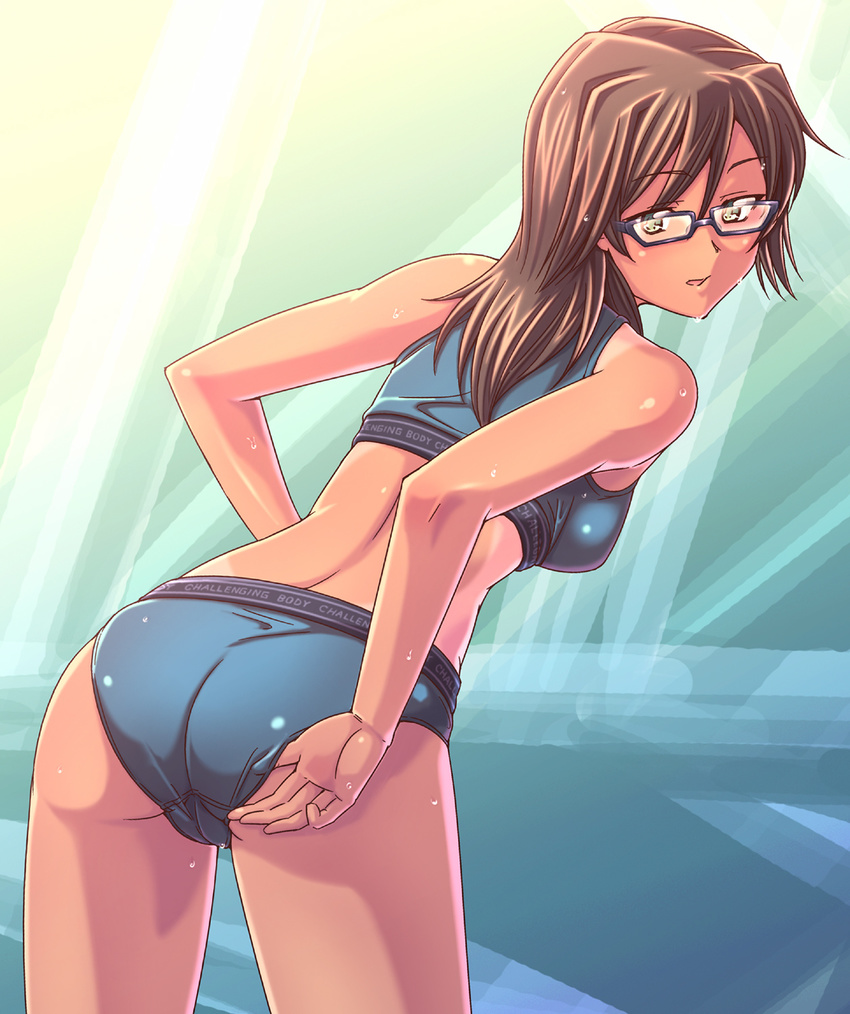 1girl adjusting_clothes adjusting_swimsuit ass bikini brown_eyes brown_hair e20 glasses highres houzumi_satsuki original short_hair solo sports_bikini swimsuit tan