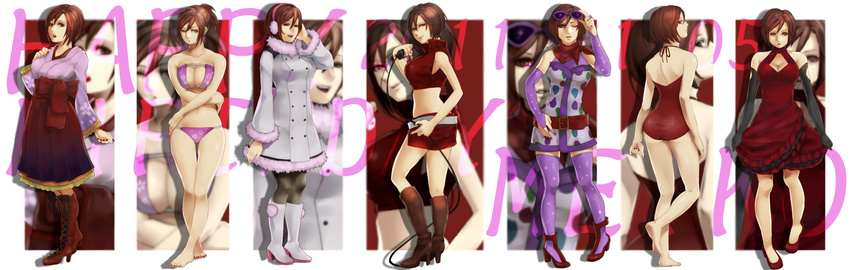 artist_request ass bandeau barefoot bikini boots breasts bridal_gauntlets cleavage coat crop_top dress earmuffs eyewear_on_head fuwafuwa_coat_(module) highres large_breasts looking_back medium_breasts meiko microphone modern_girl_(module) one-piece_swimsuit pantyhose project_diva project_diva_(series) project_diva_2nd scarlet_(module) skirt sunglasses swimsuit swimwear_(module) swimwear_b_(module) thighhighs vocaloid zoom_layer