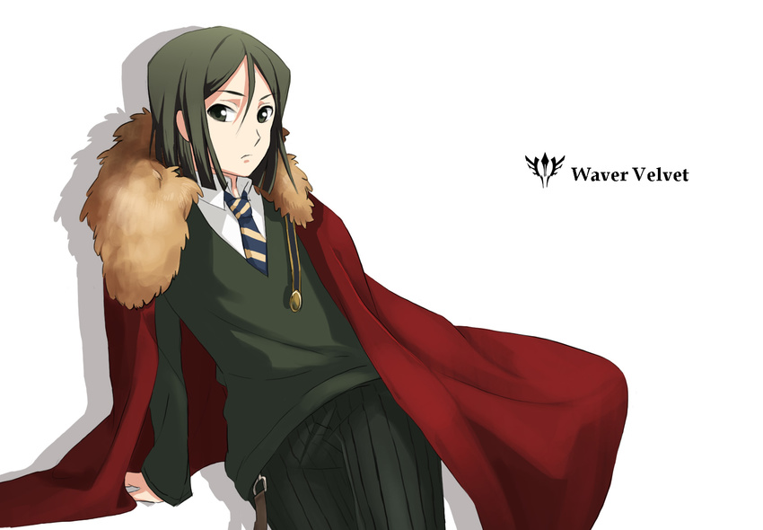 androgynous ay5826 bad_id bad_pixiv_id bangs black_hair cape character_name fate/zero fate_(series) green_eyes green_hair highres male_focus necktie parted_bangs solo waver_velvet