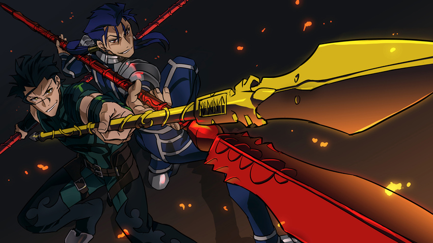 back-to-back black_hair blue_hair fate/stay_night fate/zero fate_(series) gae_bolg gae_buidhe gae_dearg kon_manatsu lancer lancer_(fate/zero) long_hair male_focus multiple_boys polearm ponytail red_eyes spear weapon yellow_eyes