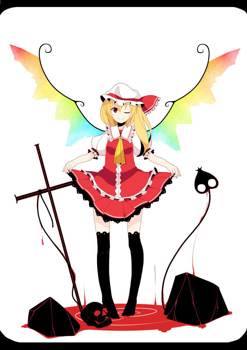 ascot black_legwear blonde_hair blood blush_stickers cross flandre_scarlet hat hat_ribbon highres laevatein meneru one_eye_closed red_eyes ribbon short_hair side_ponytail skirt skirt_hold skirt_set skull smile solo thighhighs touhou wings