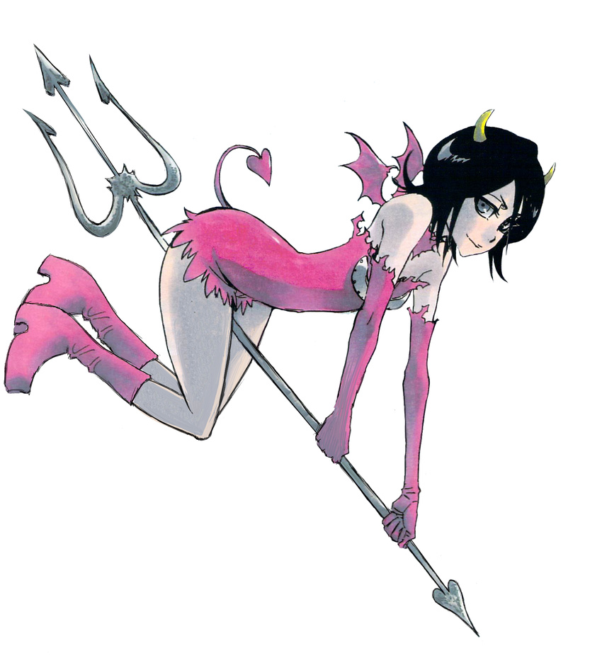 bare_shoulders bat_wings black_hair bleach blue_eyes boots demon_tail demon_wings dress elbow_gloves gloves hair_between_eyes highres horns kubo_taito kuchiki_rukia mini_wings platform_footwear platform_heels polearm riding short_dress short_hair solo straddling tail trident unconventional_broom weapon wings