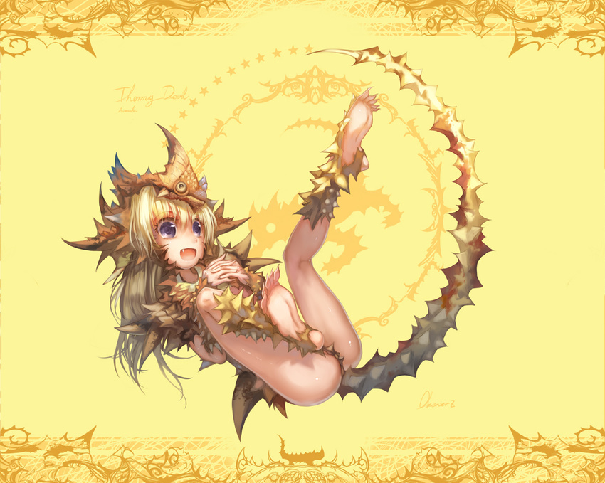bad_id bad_pixiv_id barefoot blonde_hair blue_eyes claws dragon_girl fang feet interlocked_fingers long_hair monster_girl observerz open_mouth original soles solo tail thorns yellow_background