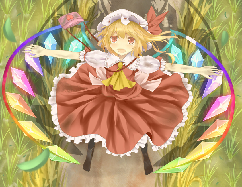 ascot bag blonde_hair bunchou_(bunchou3103) dress flandre_scarlet grass open_mouth outstretched_arms rainbow_order red_dress red_eyes shoulder_bag side_ponytail smile solo touhou wings