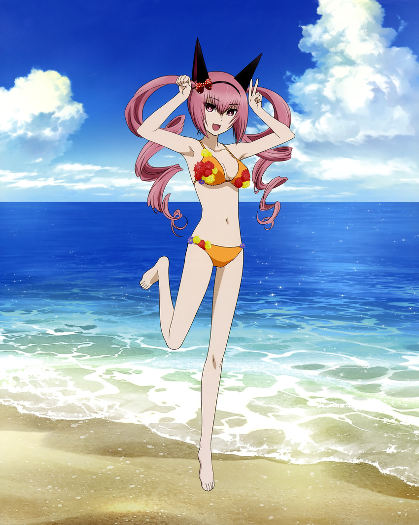 absurdres akiha_rumiho beach blush cloud day hairband highres legs non-web_source ocean official_art open_mouth outdoors paw_pose pink_eyes pink_hair sky solo steins;gate twintails v water