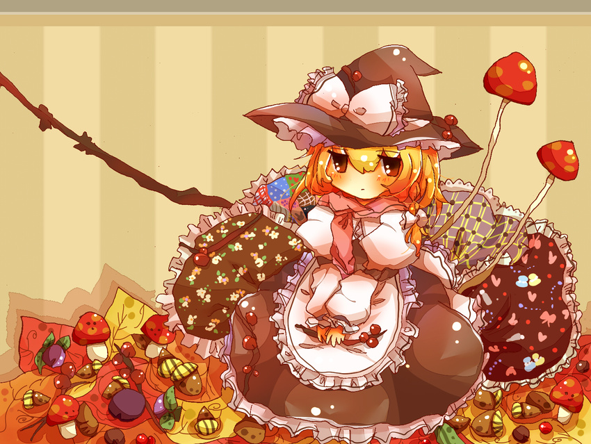 bad_id bad_pixiv_id blonde_hair blush bow braid brown_eyes dress hair_bow hair_ribbon hat kirisame_marisa mushroom nanahamu ribbon solo touhou witch_hat