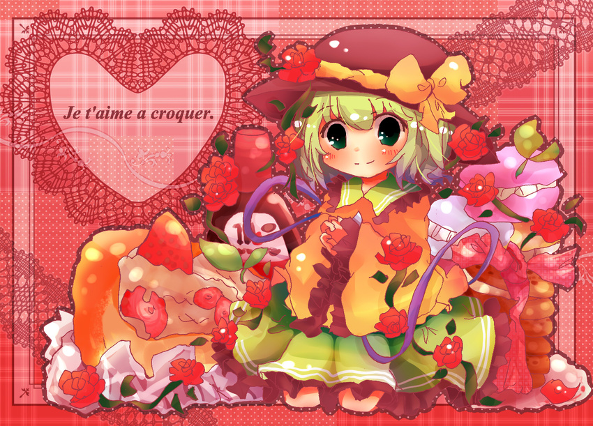 bad_id bad_pixiv_id blush flower french green_eyes green_hair hat komeiji_koishi nanahamu red_flower red_rose rose skirt smile solo touhou