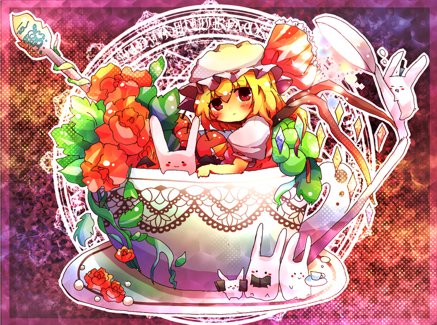 apple bad_id bad_pixiv_id blonde_hair flandre_scarlet flower food fruit hat nanahamu red_eyes solo touhou wings