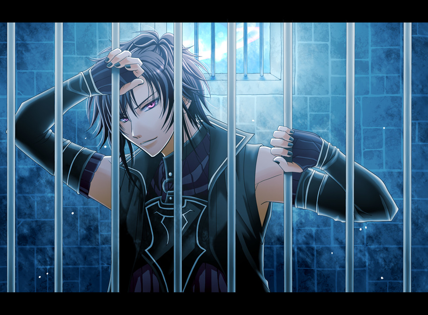 alvaro_garay bad_id bad_pixiv_id black_gloves black_hair fingerless_gloves gloves highres male_focus pink_eyes prison solo tagami_sen wand_of_fortune